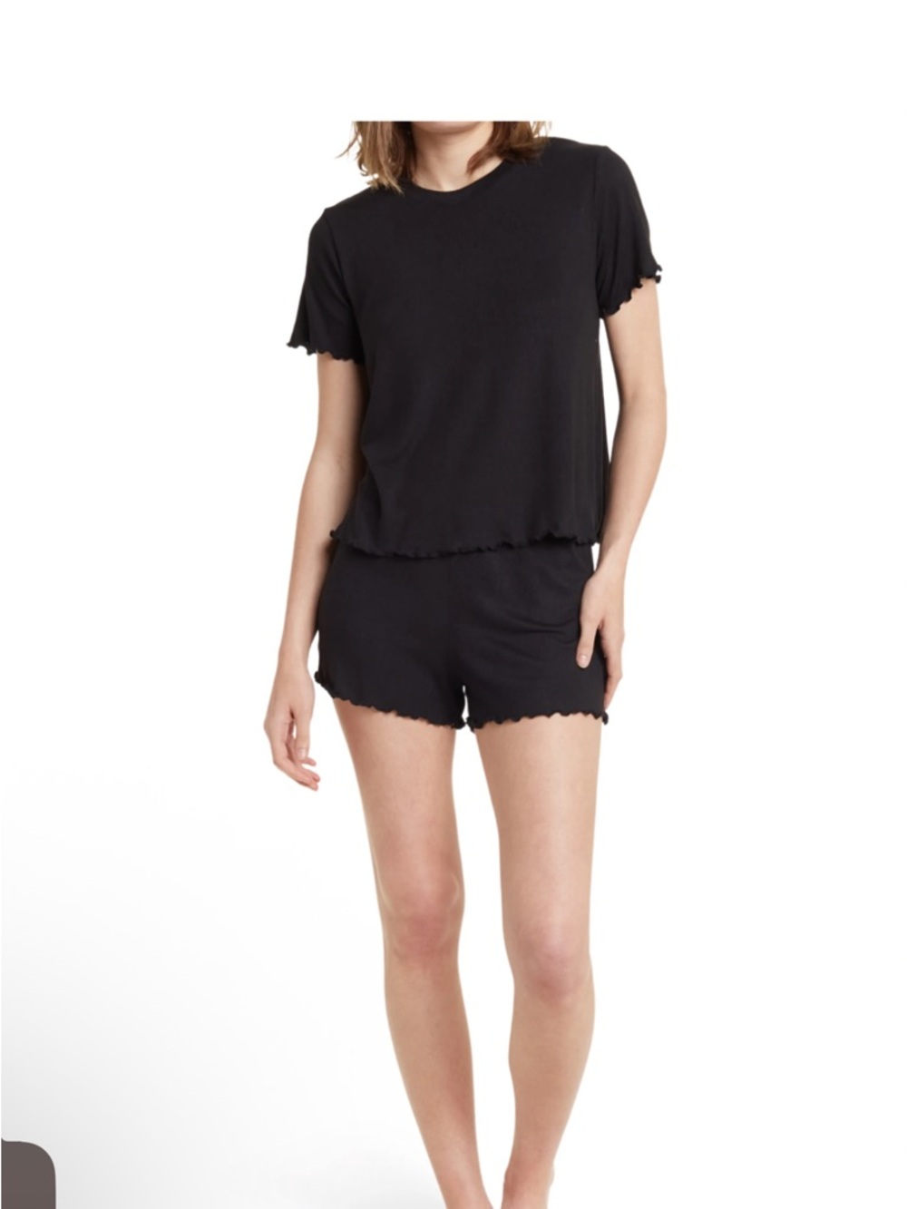 Abound Black Short Sleeve Lounge Top and Ruffle Hem Shorts Pajama Set